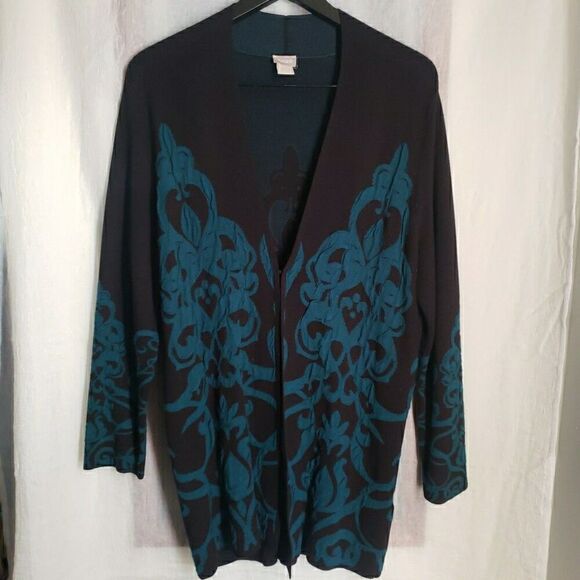 Chicos Women's Size 1 US M Textured Jacquard Print Long Cardigan Black Blue Knit - Picture 1 of 14